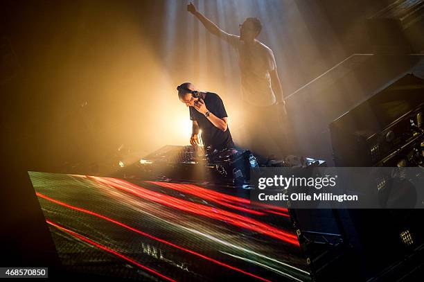 Paavo Siljam and Jono Grant of Above and Beyond perform on stage during the first of two soldout night at Brixton Academy on April 3, 2015 in London,...