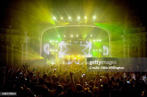 Paavo Siljam and Jono Grant of Above and Beyond perform on stage during the first of two soldout night at Brixton Academy on April 3, 2015 in London,...