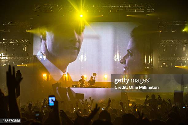 Paavo Siljam and Jono Grant of Above and Beyond perform on stage during the first of two soldout night at Brixton Academy on April 3, 2015 in London,...