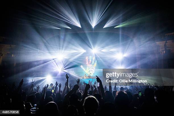 Paavo Siljam and Jono Grant of Above and Beyond perform on stage during the first of two soldout night at Brixton Academy on April 3, 2015 in London,...