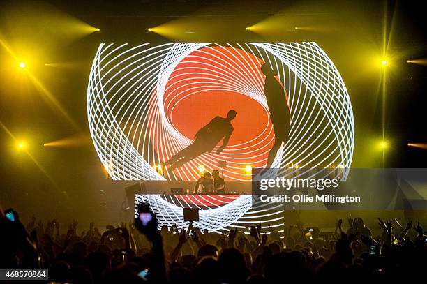 Paavo Siljam and Jono Grant of Above and Beyond perform on stage during the first of two soldout night at Brixton Academy on April 3, 2015 in London,...