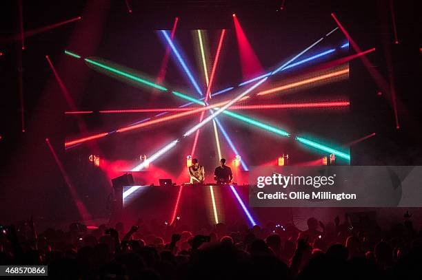 Paavo Siljam and Jono Grant of Above and Beyond perform on stage during the first of two soldout night at Brixton Academy on April 3, 2015 in London,...