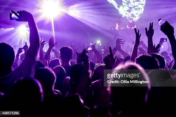 Paavo Siljamaki and Jono Grant of Above and Beyond perform on stage during the first of two sold out nights at Brixton Academy on April 3, 2015 in...