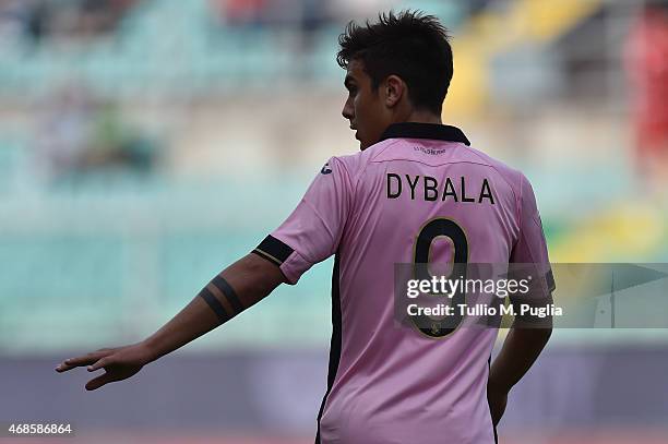 Paulo Dybala of Palermo looks on during the Serie A match between US Citta di Palermo and AC Milan at Stadio Renzo Barbera on April 4, 2015 in...