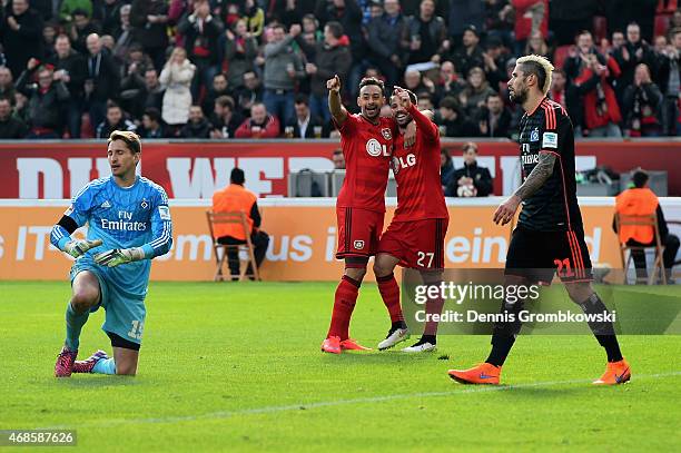 Gonzalo Castro of Bayer Leverkusen celebrates as he scores the fourth goal during the Bundesliga match between Bayer 04 Leverkusen and Hamburger SV...