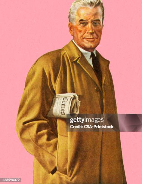 man in overcoat holding newspaper - raincoat stock illustrations
