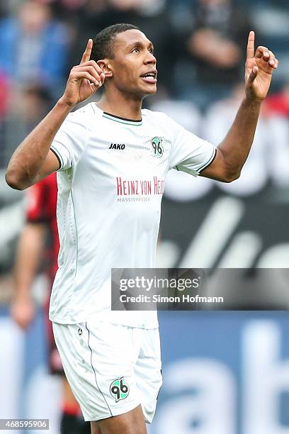 Marcelo of Hannover celebrates his team's first goal during the Bundesliga match between Eintracht Frankfurt and Hannover 96 at Commerzbank-Arena on...