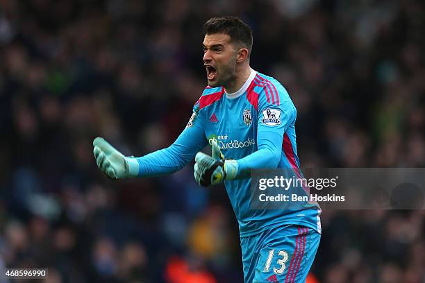 Boaz Myhill of West Brom reacts during the Barclays Premier league match West Bromwich Albion and Queens Park Rangers at The Hawthorns on April 4,...