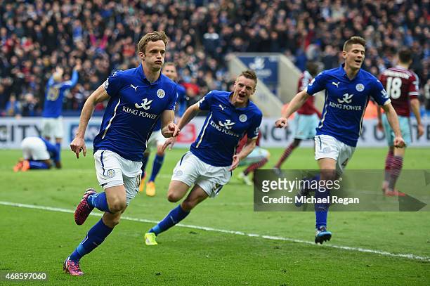 Andy King of Leicester City celebrates scoring their second goal during the Barclays Premier league match Leicester City and West Ham United at The...