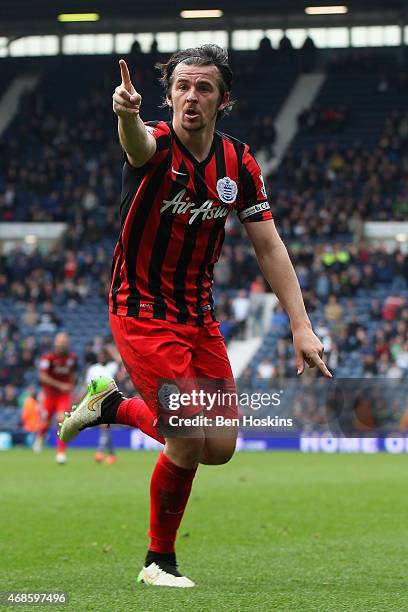 Joey Barton of QPR celebrates scoring their fourth goal during the Barclays Premier league match West Bromwich Albion and Queens Park Rangers at The...