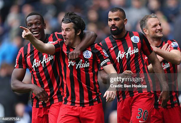 Joey Barton of QPR celebrates scoring their fourth goal with team mates during the Barclays Premier league match West Bromwich Albion and Queens Park...