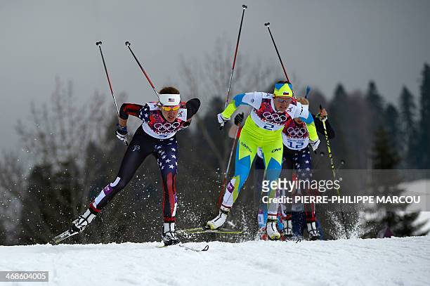Sophie Caldwell , Slovenia's Katja Visnar and US Jessica Diggins compete in the Women's Cross-Country Skiing Individual Sprint Free Quarterfinals at...