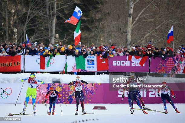 Katja Visnar of Slovenia, Jessica Diggins of the United States and Sophie Caldwell of the United States compete in Finals of the Ladies' Sprint Free...