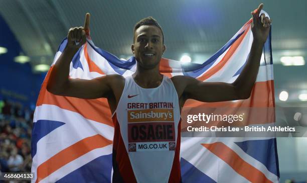 Andrew Osagie celebrates his win in the 800 metres during Day 2 of the Sainsbury's British Athletics Indoor Championships at the EIS on February 9,...