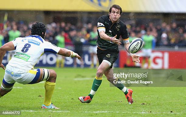 Lee Dickson of Northampton passes the ball during the European Rugby Champions Cup quarter final match between Clermont Auvergne and Northampton...