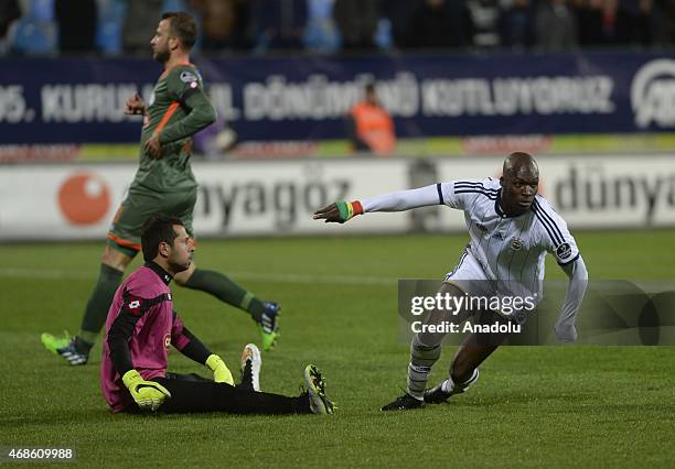 Moussa Sow celebrates his score during the Turkish Spor Toto Super League match between Caykur Rizespor and Fenerbahce at Yenisehir Stadium in Rize,...