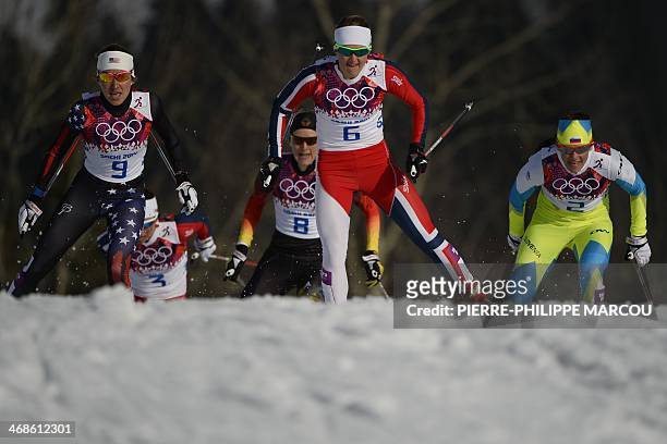 Norway's Ingvild Flugstad Oestberg , US Sophie Caldwell and Slovenia's Katja Visnar , compete in the Women's Cross-Country Skiing Individual Sprint...