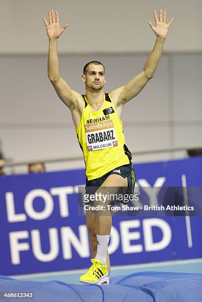 Robbie Grabarz of Newham waves to the crowd in the Men's high jump final during day 2 of the Sainsbury's British Athletics Indoor Championships at...