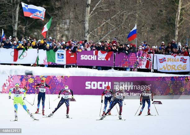 Katja Visnar of Slovenia, Jessica Diggins of the United States and Sophie Caldwell of the United States compete in the Finals of the Ladies' Sprint...