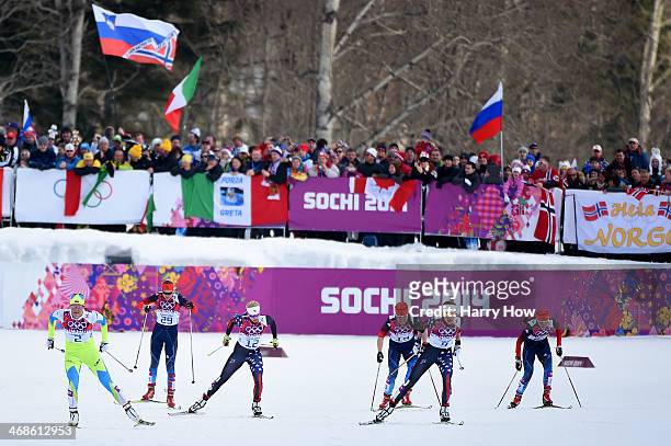 Katja Visnar of Slovenia, Jessica Diggins of the United States and Sophie Caldwell of the United States compete in the Finals of the Ladies' Sprint...