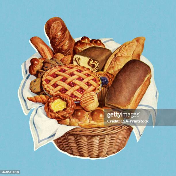 illustrazioni stock, clip art, cartoni animati e icone di tendenza di cesto pieno di prodotti da forno - panetteria