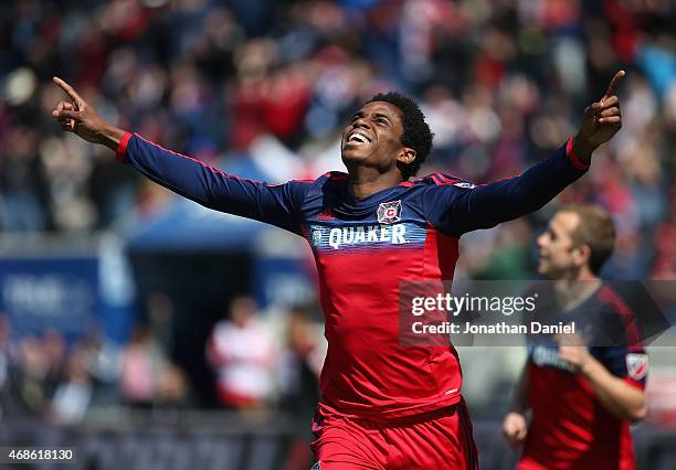 Joevin Jones of the Chicago Fire celebrates a first half goal against Toronto FC during an MLS match at Toyota Park on April 4, 2015 in Bridgeview,...