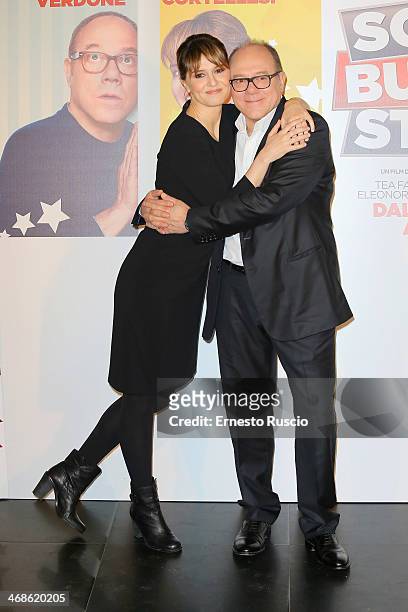 Paola Cortellesi and Carlo Verdone attend the 'Sotto Una Buona Stella' photocall at cinema Savoy on February 11, 2014 in Rome, Italy.