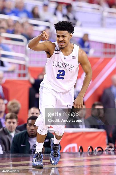 Quinn Cook of the Duke Blue Devils reacts after a play in the first half against the Michigan State Spartans during the NCAA Men's Final Four...