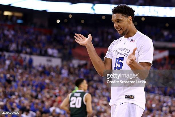 Jahlil Okafor of the Duke Blue Devils reacts after a play in the second half against the Michigan State Spartans during the NCAA Men's Final Four...