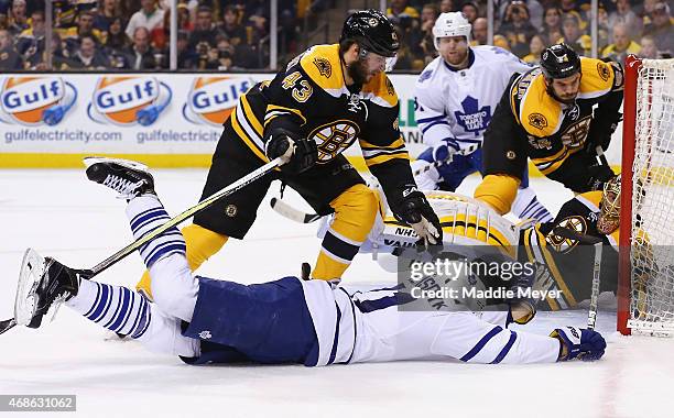 James van Riemsdyk of the Toronto Maple Leafs scoes against Tuukka Rask of the Boston Bruins during the second period at TD Garden on April 4, 2015...