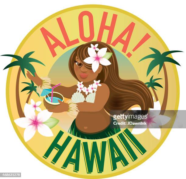 retro summer hawaiian design with hula dancer - aloha stock illustrations