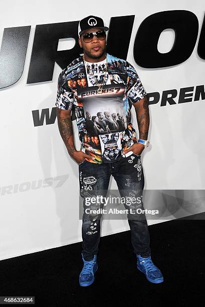 Rapper Flo Rida arrives for the Premiere Of Universal Pictures' "Furious 7" held at TCL Chinese Theatre on April 1, 2015 in Hollywood, California.