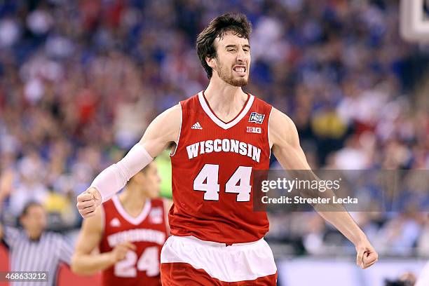 Frank Kaminsky of the Wisconsin Badgers celebrates after a play in the first half against the Kentucky Wildcats during the NCAA Men's Final Four...