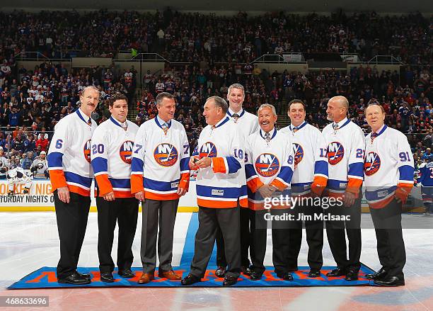 The New York Islanders celebrate Decades Night as Ken Morrow, Steve Webb, Pierre Turgeon, Ed Westall, Eric Cairns, Garry Howatt, Shawn Bates, Bobby...