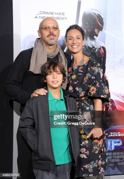 Director Jose Padilha with wife and son arrive at the Los Angeles premiere of "Robocop" at TCL Chinese Theatre on February 10, 2014 in Hollywood,...