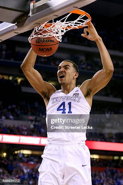Trey Lyles of the Kentucky Wildcats goes up for a dunk late in the first half against the Wisconsin Badgers during the NCAA Men's Final Four...