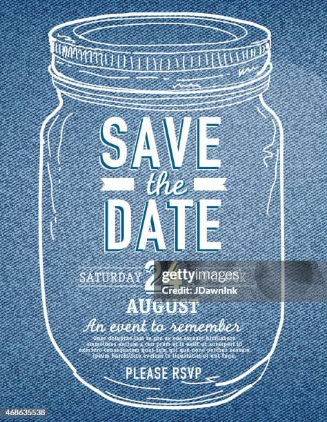 mason jar save the date denim texture invitation design template - vintage denim stock illustrations