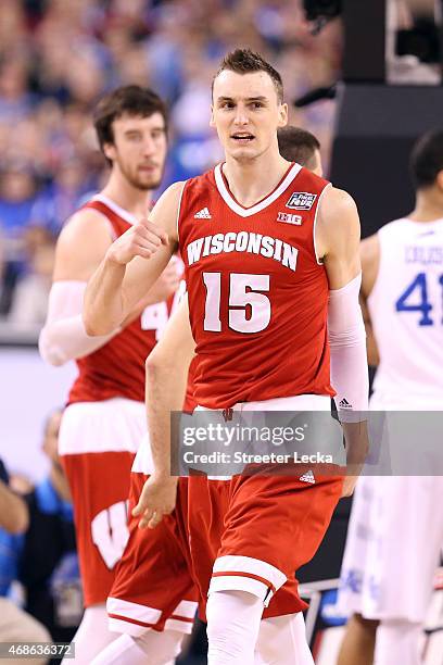 Sam Dekker of the Wisconsin Badgers celebrates after a play in the second half against the Kentucky Wildcats during the NCAA Men's Final Four...