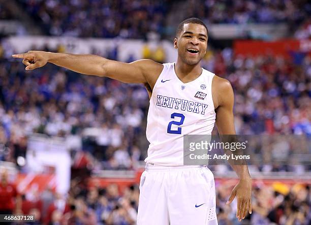 Aaron Harrison of the Kentucky Wildcats reacts in the second half against the Wisconsin Badgers during the NCAA Men's Final Four Semifinal at Lucas...