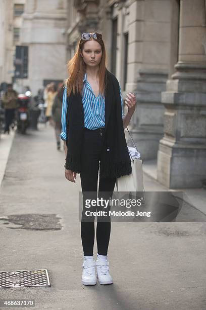 Model Grace Simmons exits the Ferragamo show in Nike sneakers on Day 5 of Milan Fashion Week FW15 on March 1, 2015 in Milan, Italy.