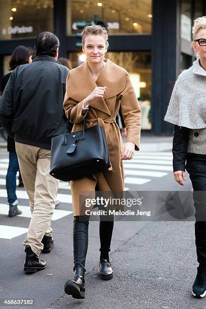 Model Roos Abels exits the Trussardi show with a Prada bag on Day 5 of Milan Fashion Week FW15 on March 1, 2015 in Milan, Italy.