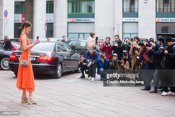 Hanneli Mustaparta wears a Ferragamo outfit on Day 5 of Milan Fashion Week FW15 on March 1, 2015 in Milan, Italy.