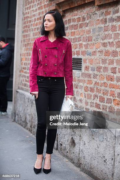 Model Leigh Lezark exits the Trussardi show wearing Trussardi on Day 5 of Milan Fashion Week FW15 on March 1, 2015 in Milan, Italy.