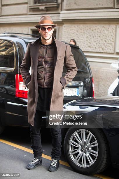 Model and Letasca Co-Founder Elbio Bonsaglio wears a Letasca vest and Le DangeRouge shoes on Day 5 of Milan Fashion Week FW15 on March 1, 2015 in...