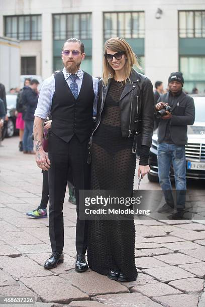 Justin O'Shea and Veronika Heilbrunner enter Ferragamo on Day 5 of Milan Fashion Week FW15 on March 1, 2015 in Milan, Italy.