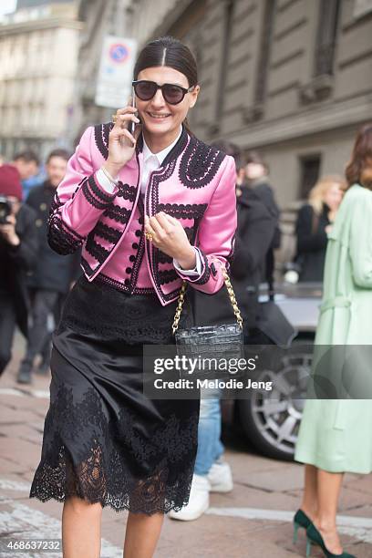 Editor Giovanna Battaglia wears a Dolce & Gabanna outfit on Day 5 of Milan Fashion Week FW15 on March 1, 2015 in Milan, Italy.