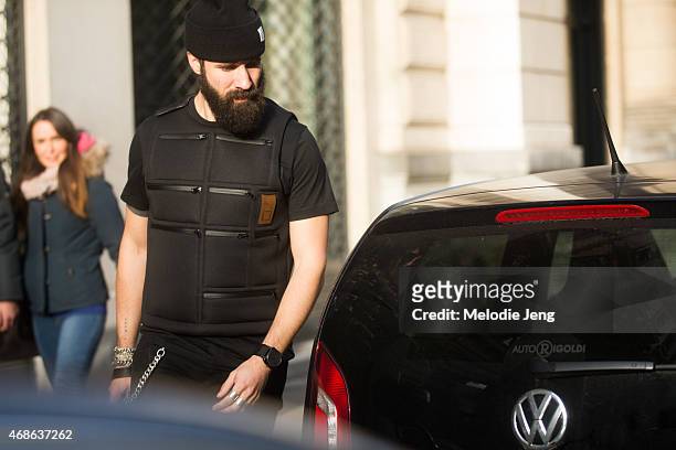 Photographer Adam Katz Sinding wears a Letasca vest on Day 5 of Milan Fashion Week FW15 on March 1, 2015 in Milan, Italy.