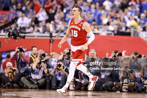 Sam Dekker of the Wisconsin Badgers reacts after a play late in the second half against the Kentucky Wildcats during the NCAA Men's Final Four...