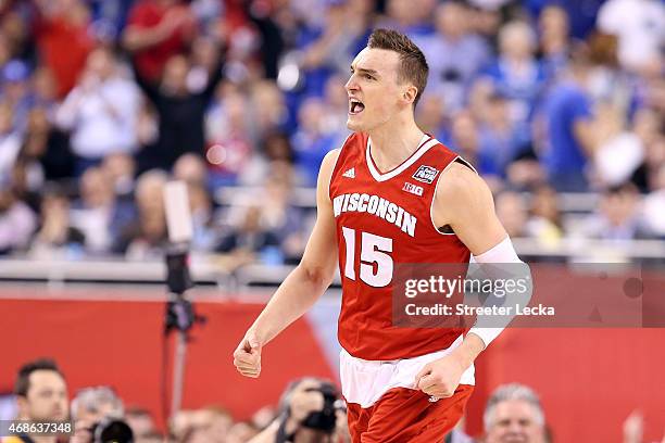 Sam Dekker of the Wisconsin Badgers reacts after a play late in the second half against the Kentucky Wildcats during the NCAA Men's Final Four...