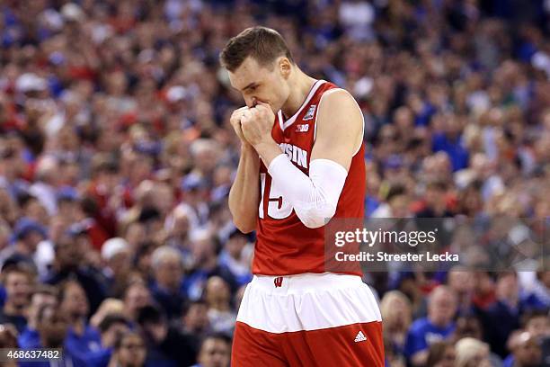 Sam Dekker of the Wisconsin Badgers reacts late in the game against the Kentucky Wildcats during the NCAA Men's Final Four Semifinal at Lucas Oil...